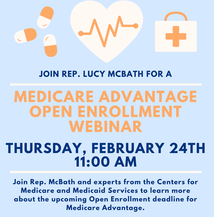 An informational graphic with a blue background and a heart describes a Medicare Advantage Open Enrollment Webinar. The webinar takes place on Thursday 2/24/2022 at 11:00 am.