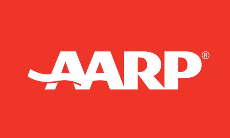 AARP Logo with white text and red background