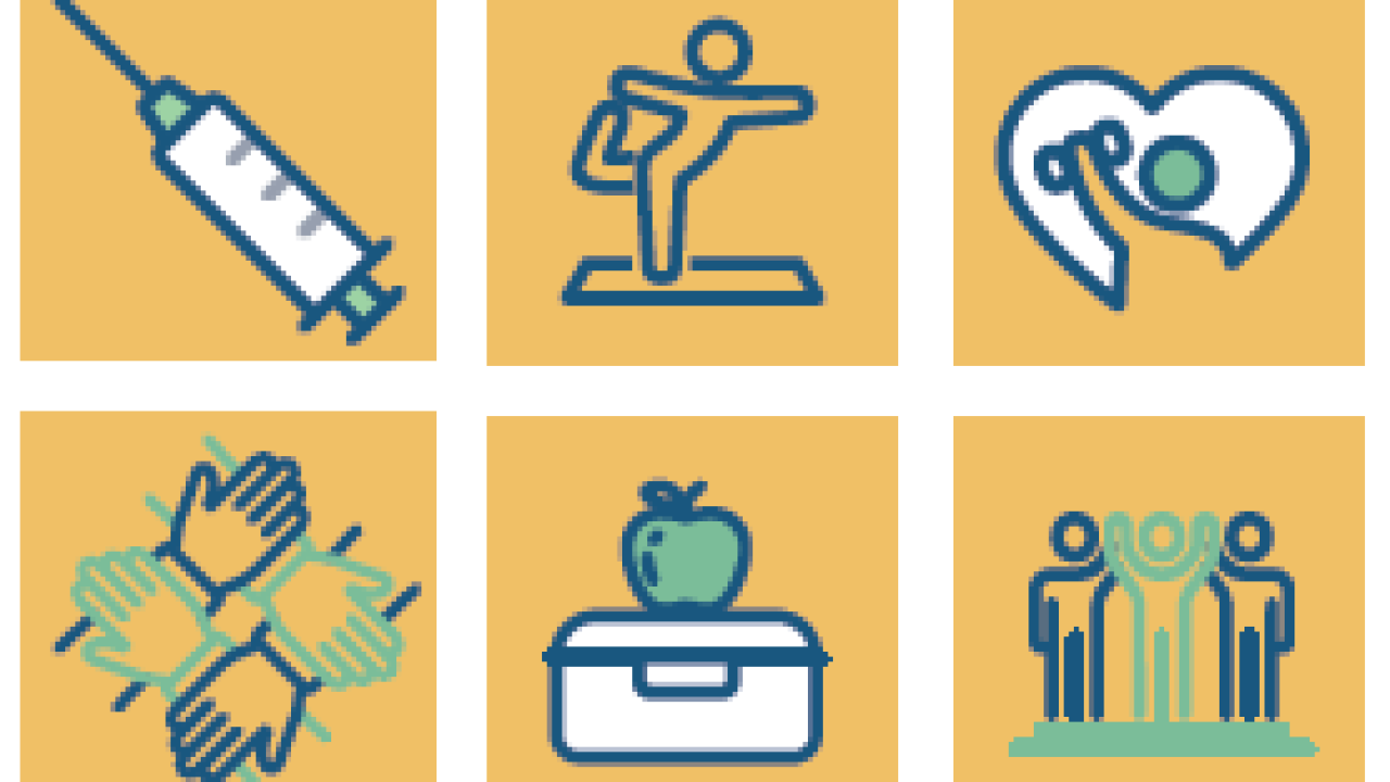 icon of vaccine, person doing yoga, person lifting weights, four connected hands, lunchbox with apple on top, and three people holding hands.