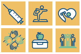 icon of vaccine, person doing yoga, person lifting weights, four connected hands, lunchbox with apple on top, and three people holding hands.
